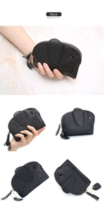 Detailed views of a black elephant shaped leather coin purse with pebbled texture