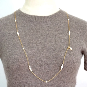 French style long sweater necklace with natural freshwater pearls on a gold chain