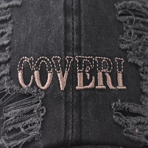 Distressed black washed denim baseball cap with COVERI embroidery and vintage frayed details
