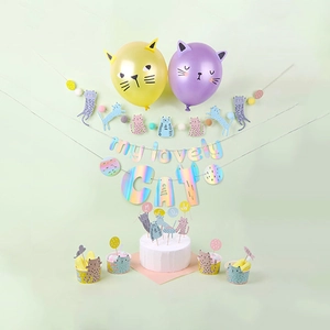 Set decorazioni compleanno gatto con palloncini pastello e topper torta a tema Meow