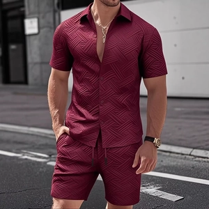 Men's summer casual shirt and shorts set in deep burgundy jacquard knit fabric