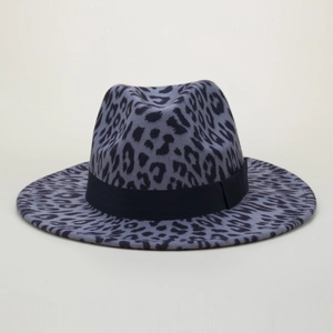 Close-up detail of the leopard print wool felt fedora with a black decorative band