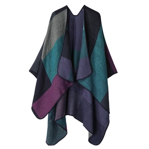 Women's oversized double-sided geometric colorblock cashmere-like shawl poncho wrap