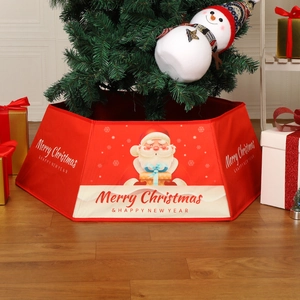 Red hexagonal Christmas tree collar with Santa illustration for holiday floor decoration