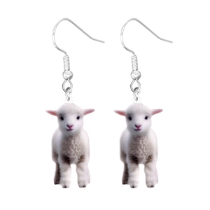 Detailed view of cute white acrylic lamb pendant earrings with silver metal hooks