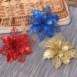 Christmas Artificial Flowers Glitter Hollow Poinsettia For Christmas Tree Decor Wedding Party Ornaments Shimmering