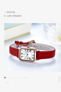 Detail of GEDI rectangular gold watch with red leather strap and roman numeral dial