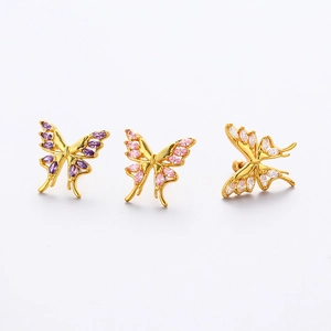 Golden butterfly stud earrings set with purple, pink and white zircon crystals