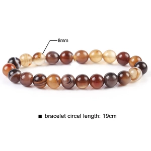 Natural 8mm agate bead bracelet with 19cm length featuring striped brown and grey textures