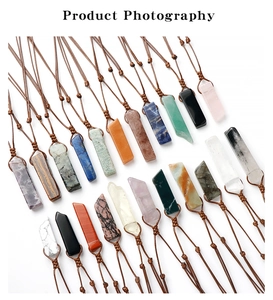 Detailed grid of assorted natural stone pendants with adjustable woven necklaces