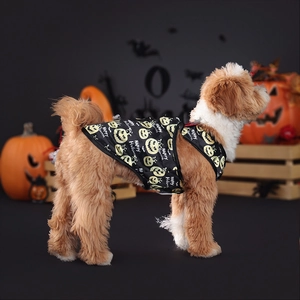 Detail of Halloween dog vest with pumpkin print and Happy Halloween festive design