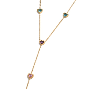 Gold stainless steel Y-shaped necklace featuring heart-shaped blue, purple, and pink stones