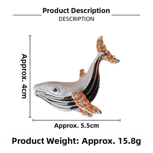 Detailed size specifications of the whale brooch with enamel and rhinestones