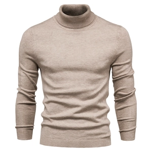 Men's turtle neck slim fit knitted sweater in beige with ribbed cuffs and hem details