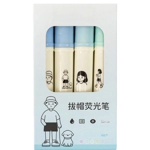 Set of 4 Macaron color capped highlighters with cute illustration packaging for students