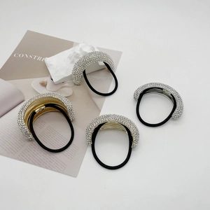 Set of 4 fashion rhinestone hair ties with metallic curved alloy and black elastic bands