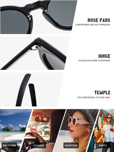 Detail view of reinforced hinges, nose pads, and scene usage for black retro sunglasses