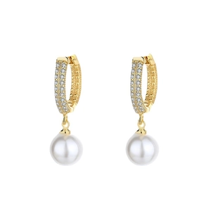 Elegant 18K gold plated pearl earrings with micro-pave crystals on white background