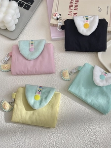 Canvas mini card wallets with snap closure and plush bear charms in multiple colors