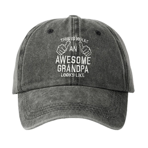 Washed black cotton baseball cap with Awesome Grandpa text and thumb graphic