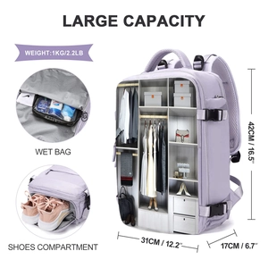Detail showing large capacity with wet bag and shoe compartment in purple travel backpack