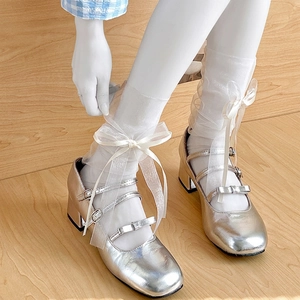 Sheer mesh socks with large organza bow and breathable net pattern for Lolita style