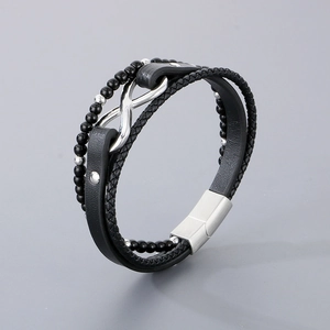 Men's multilayer leather bracelet with infinity symbol and magnetic steel clasp