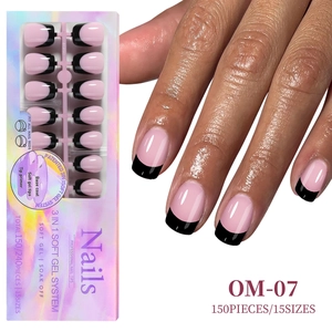 Pink and black French tip press-on nails with 150 pieces and 15 sizes in soft gel