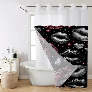 Detail of waffle fabric shower curtain with leopard lip print and metal grommets