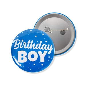 Blue Birthday Boy tinplate badge showing front design and back pin attachment details
