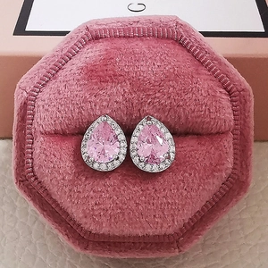 Pink pear-cut zircon stud earring presented in a premium velvet gift box