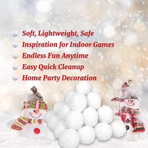Close-up of soft white indoor snowballs with holiday decorative snowmen and features list