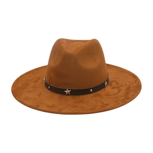 Classic brown suede fedora hat with star metal studs on the band for a cowboy style