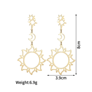 Retro hollow star moon and sun asymmetrical fringe earrings in gold-plated finish