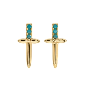 Close-up of gold dagger stud earrings with three round blue gemstones on the hilt