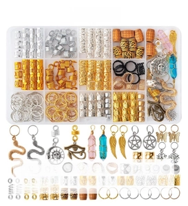 Macro shot of 200pcs DIY hair braid rings kit with metal charms and beads for women