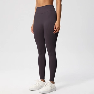 Side view of high-waist seamless purple yoga pants highlighting slim fit design