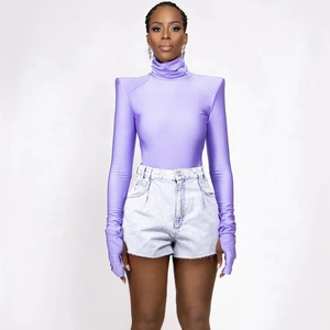 Women's slim fit purple high neck long sleeve dress with finger covers and denim shorts