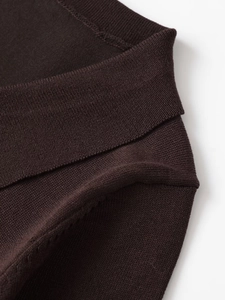 Close-up detail of the knit texture and polo collar on this dark brown knitted top