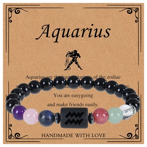 Natural Stone Obsidian 12 Constellation Zodiac Sign Beaded Bracelet Handmade Crystal Healing Jewelry For Men Women Gift