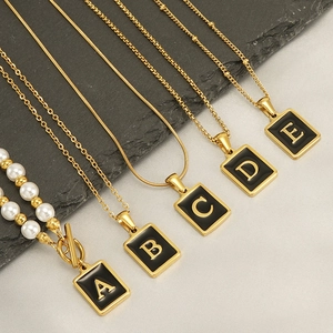Golden 18K square black enamel letter pendant necklaces with pearl accent chain