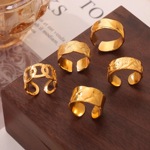 Vintage Titanium Steel Gold Plated Adjustable Open Ring For Women Geometric Texture Minimalist Finger Jewelry Retro Niche Ring