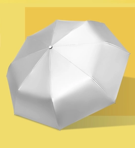 Detail of silver UV coating on a compact umbrella with a stylish yellow background