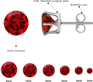 Detailed size chart of red cubic zirconia stud earrings in 316L stainless steel