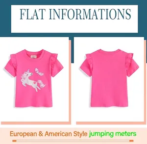 Vorder- und Rückansicht des rosa Mädchen-T-Shirts mit Einhorn-Stickerei aus Baumwolle