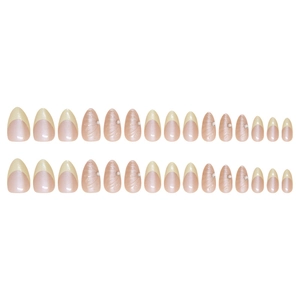 French press-on nails in pale yellow with 3D shell patterns and pearl accents