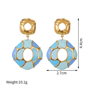 Detail view of colorful enamel earrings with dimensions 4.4cm length and 2.7cm width
