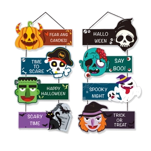 Set of 8 Halloween hanging signs featuring pumpkin, skull and ghost party decorations