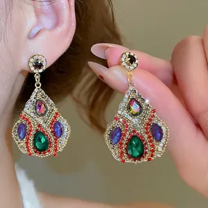 Elegant vintage drop earrings with waterdrop green crystal and colorful rhinestones