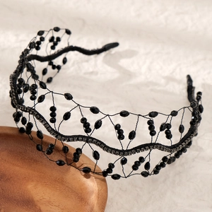Baroque retro handmade beaded headband with black mesh crystal rhinestones for women